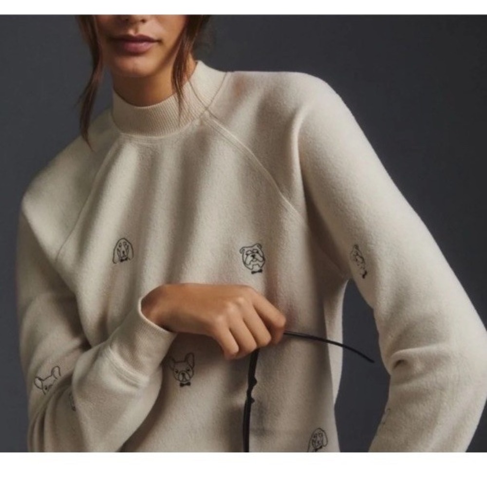 T.LA Anthropologie Embroidered Dog Sweatshirt Sz S Cream Dog Lovers Cute Cozy